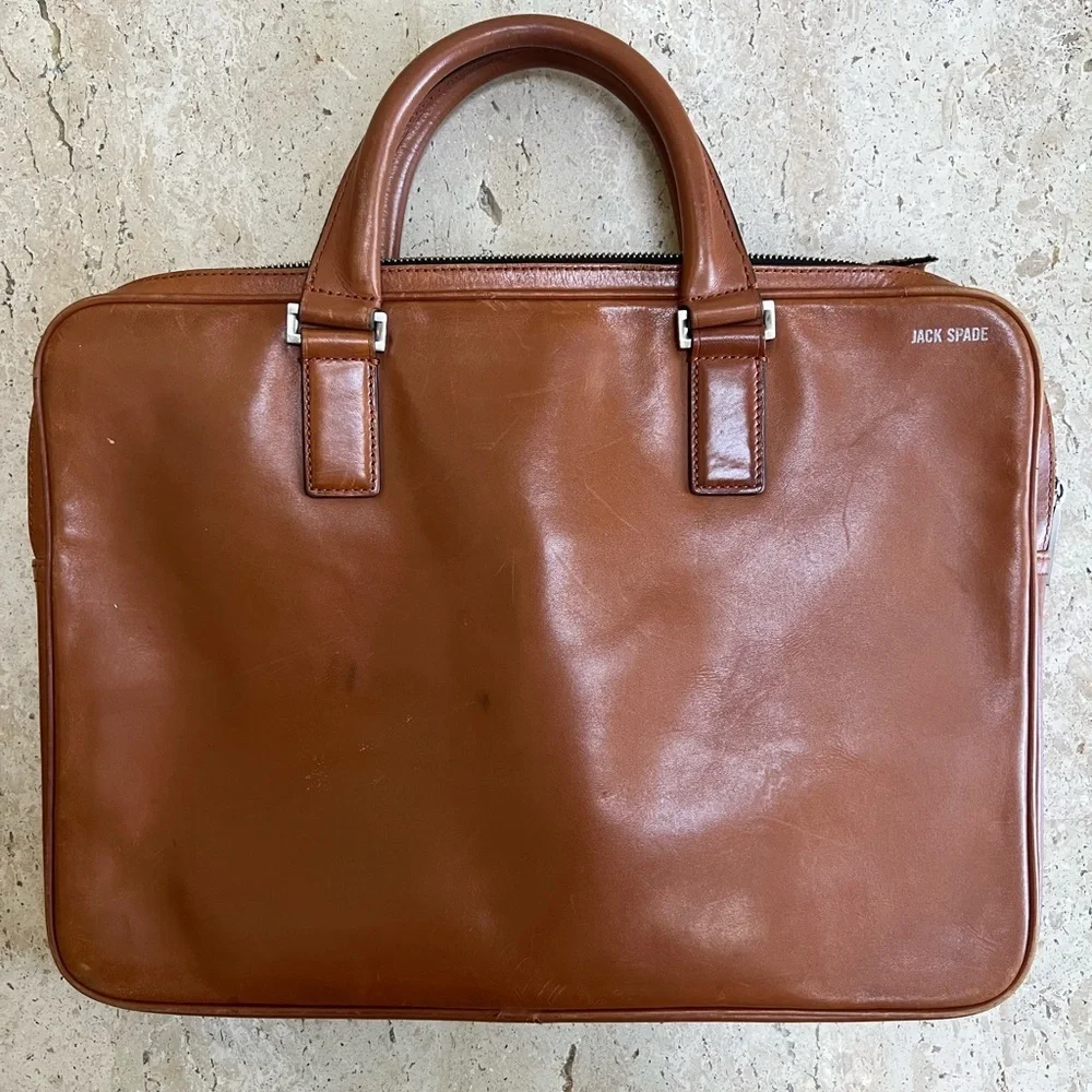 JACK SPADE Tan Solid Leather Briefcase Bag
